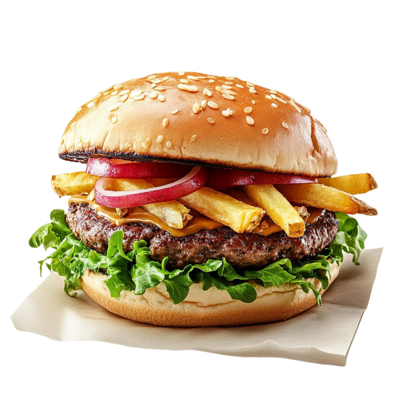 Burger juteux avec des frites croustillantes et des oignons rouge